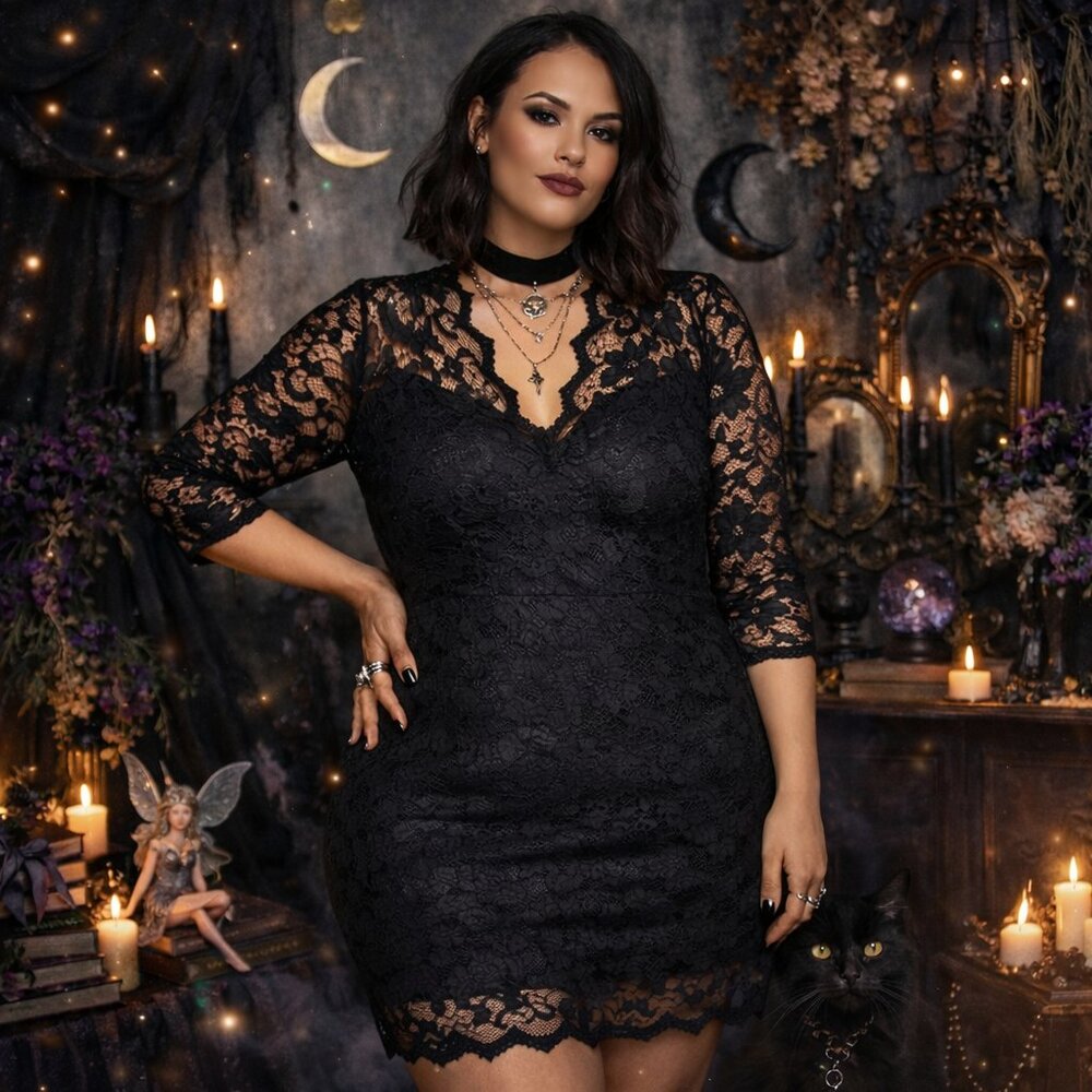 Black Lace Whimsigoth Gothic Bodycon Dress XL